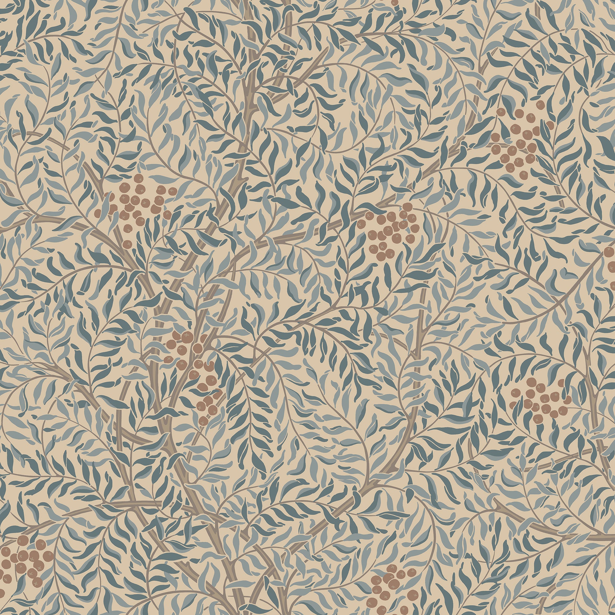 Simon wallpaper by Sandberg, flat swatch of blue-grey leaves and rust berries on stone