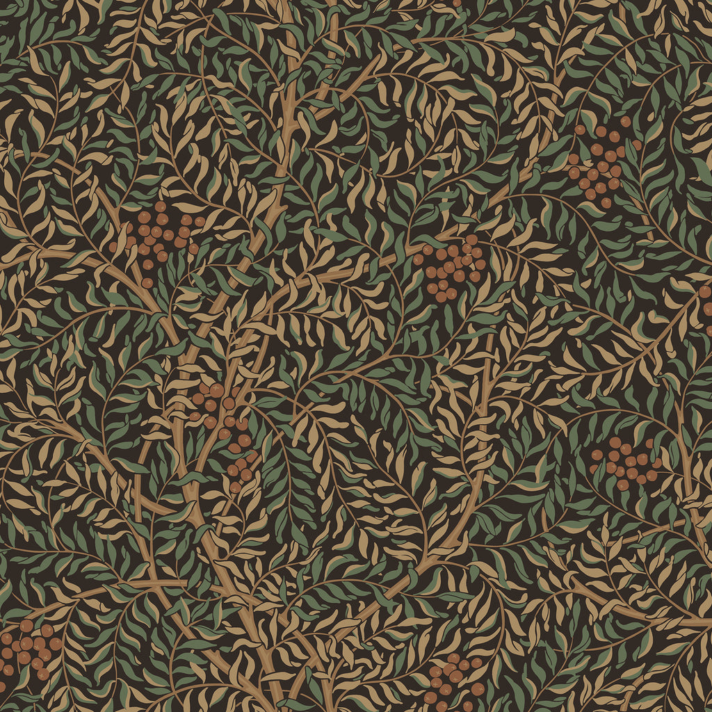 Simon wallpaper by Sandberg, flat swatch of trailing leaves and berries in green and rust on near-black