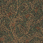 Simon wallpaper by Sandberg, flat swatch of trailing leaves and berries in green and rust on near-black