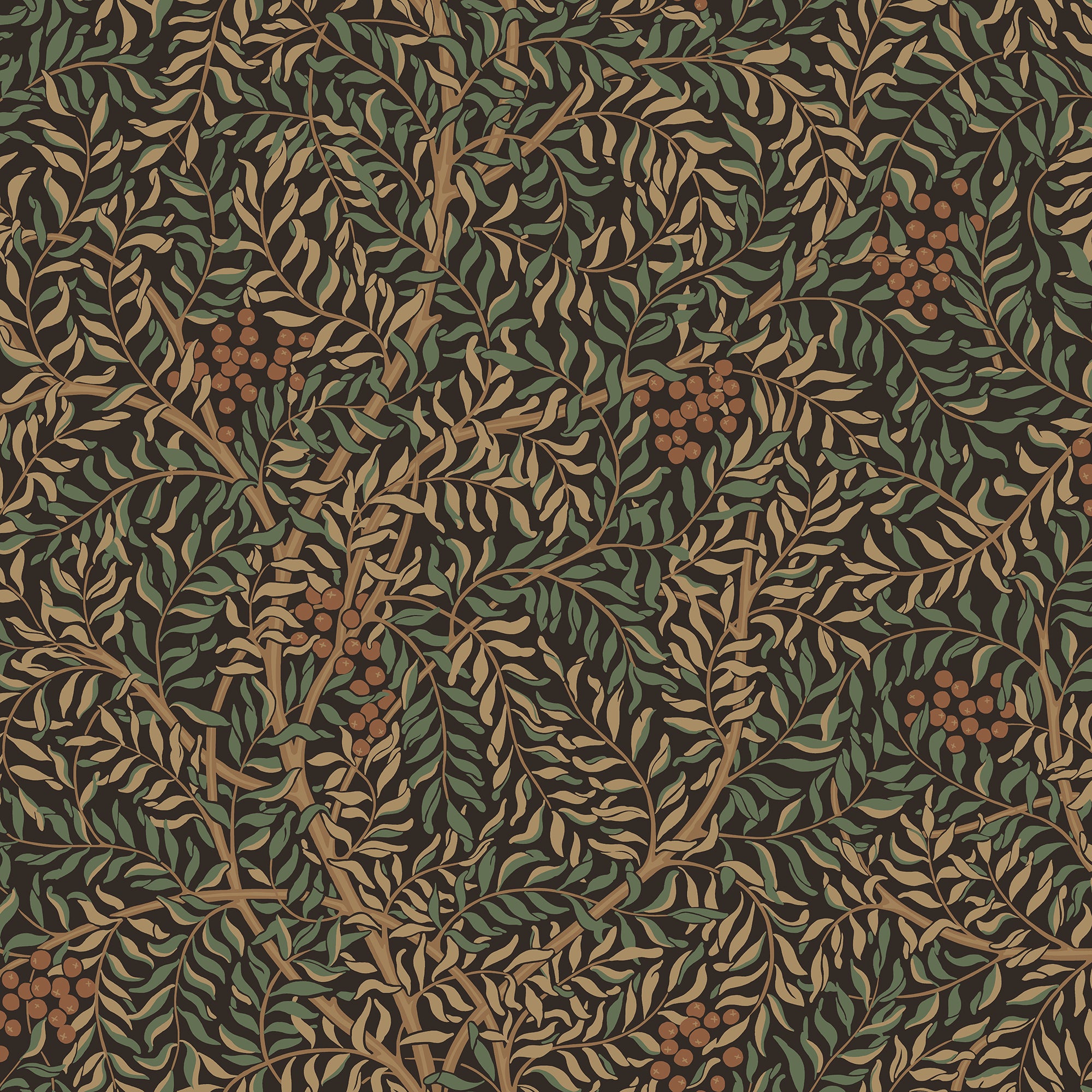 Simon wallpaper by Sandberg, flat swatch of trailing leaves and berries in green and rust on near-black