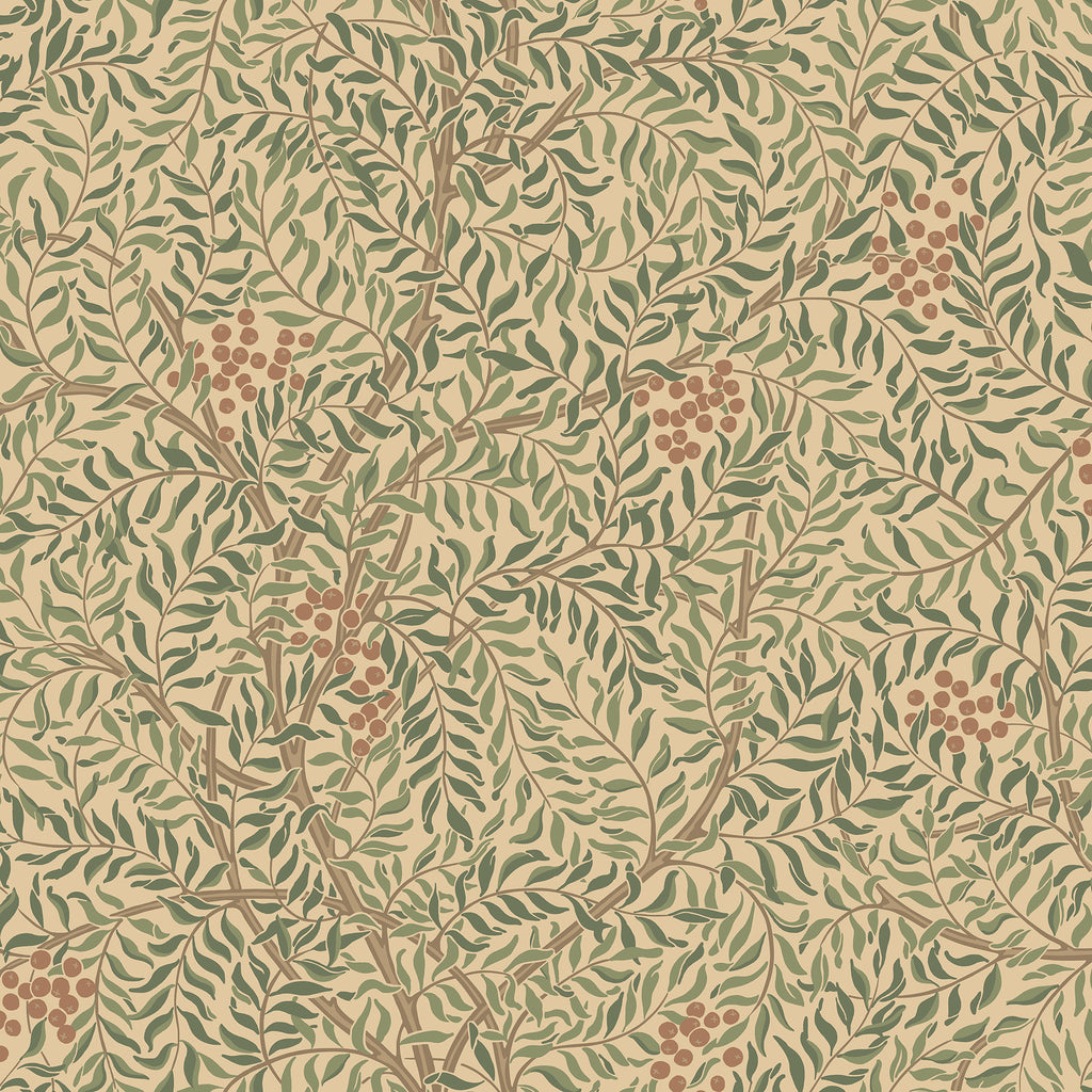 Simon wallpaper by Sandberg, flat swatch of green leafy vines with rust berries on warm beige