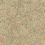 Simon wallpaper by Sandberg, flat swatch of green leafy vines with rust berries on warm beige