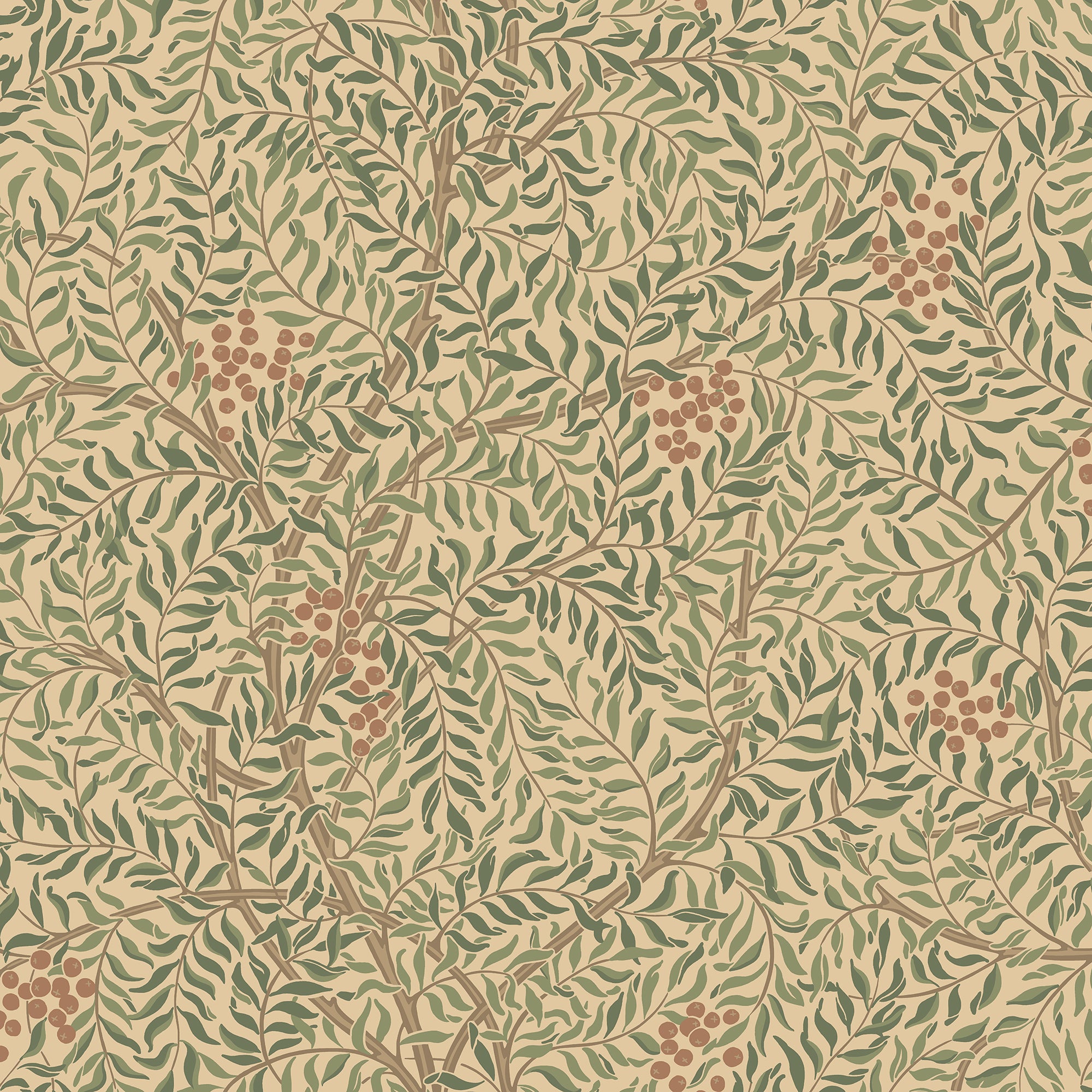 Simon wallpaper by Sandberg, flat swatch of green leafy vines with rust berries on warm beige