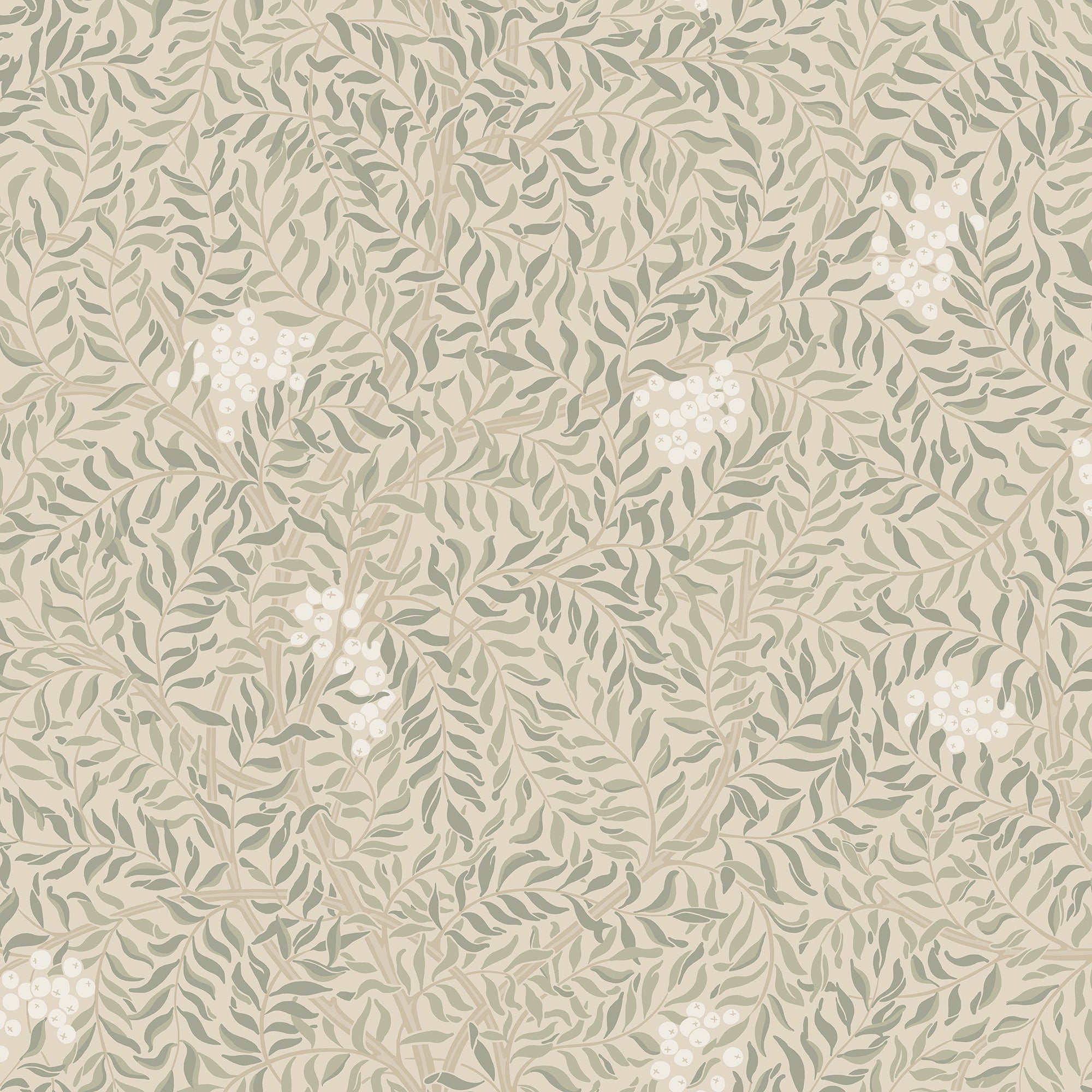 Simon wallpaper by Sandberg, flat swatch of soft sage leaves and white berries on cream