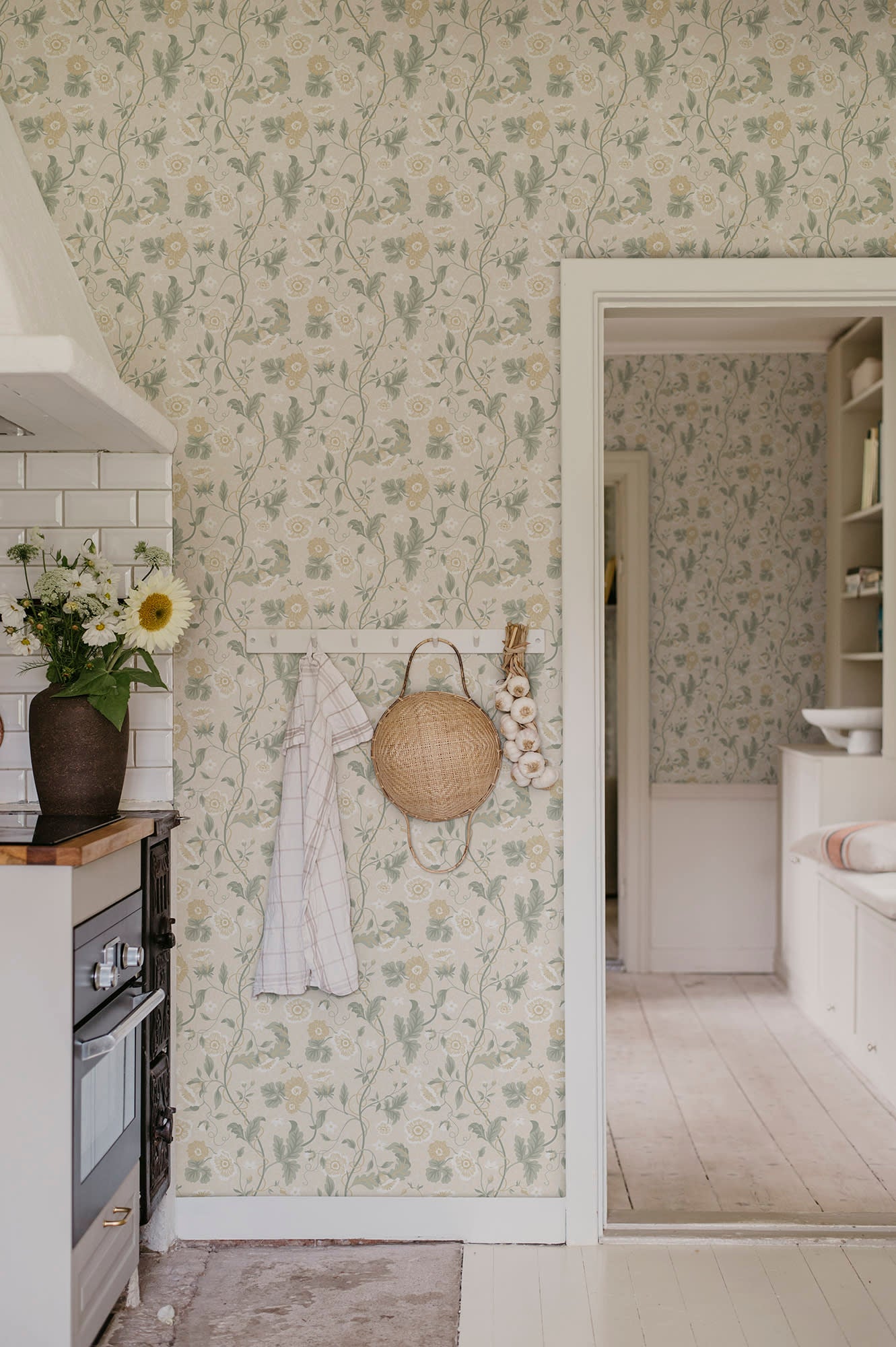 Ulla wallpaper by Sandberg in Sandstone, styled on an interior wall