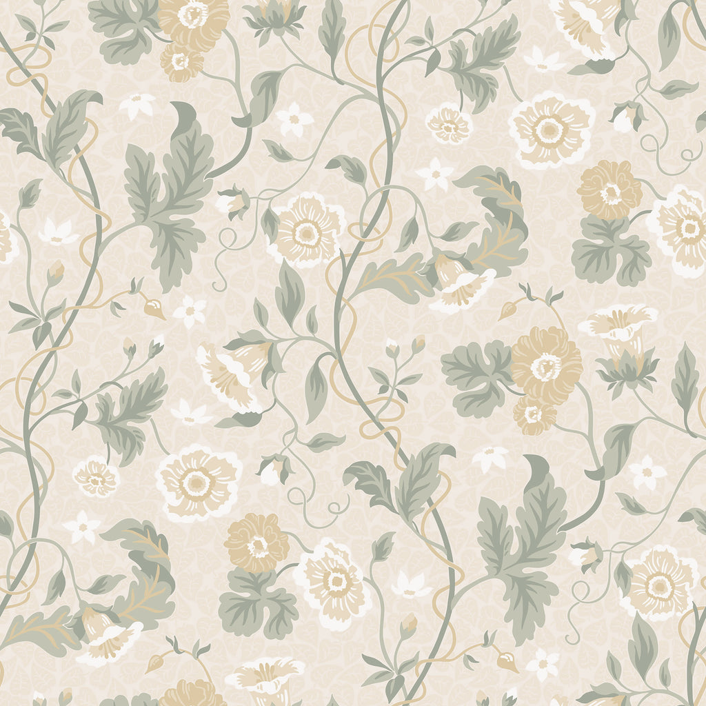 Ulla wallpaper by Sandberg, delicate poppy and vine floral in soft cream with sage leaves and golden flowers