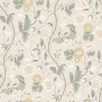 Ulla wallpaper by Sandberg, delicate poppy and vine floral in soft cream with sage leaves and golden flowers