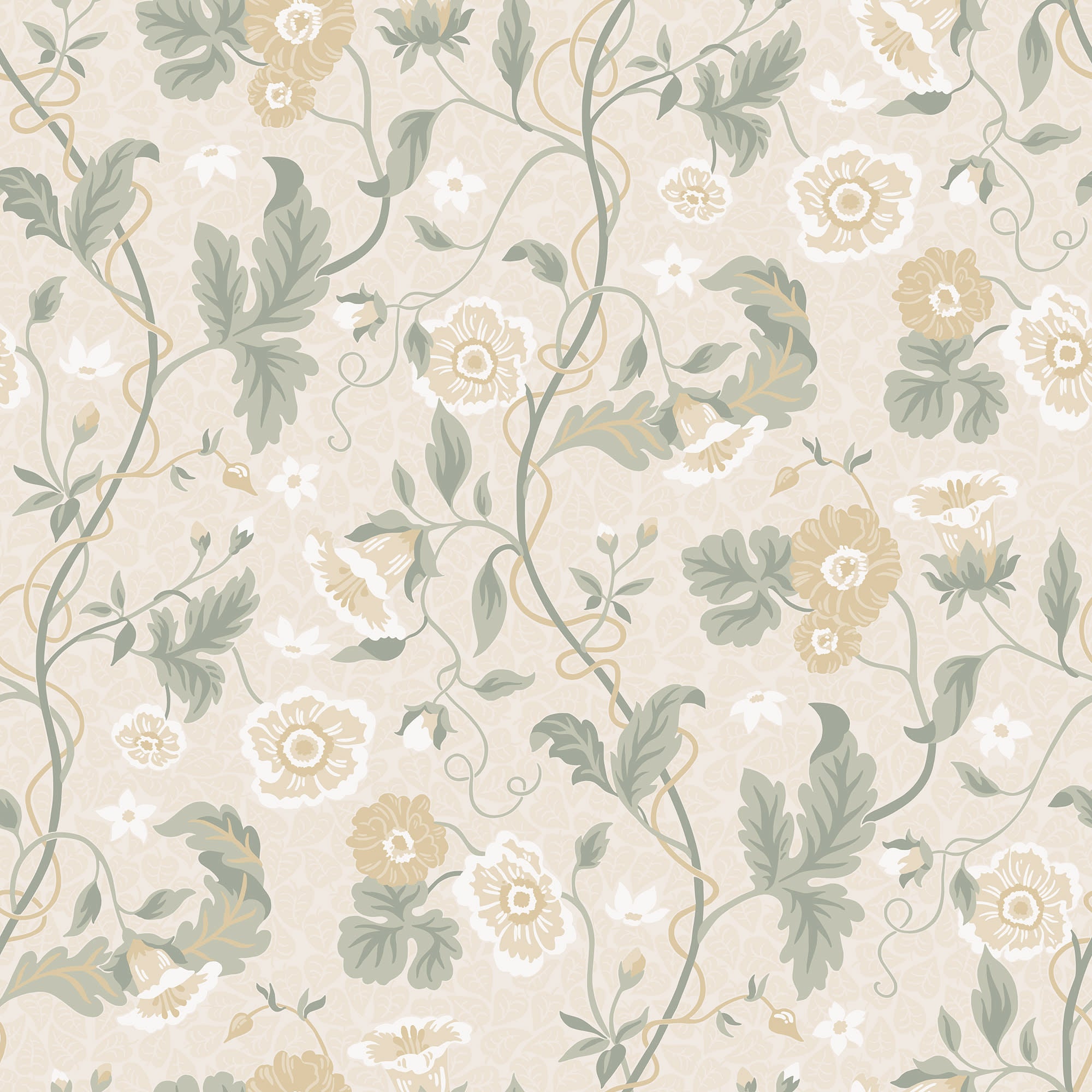 Ulla wallpaper by Sandberg, delicate poppy and vine floral in soft cream with sage leaves and golden flowers