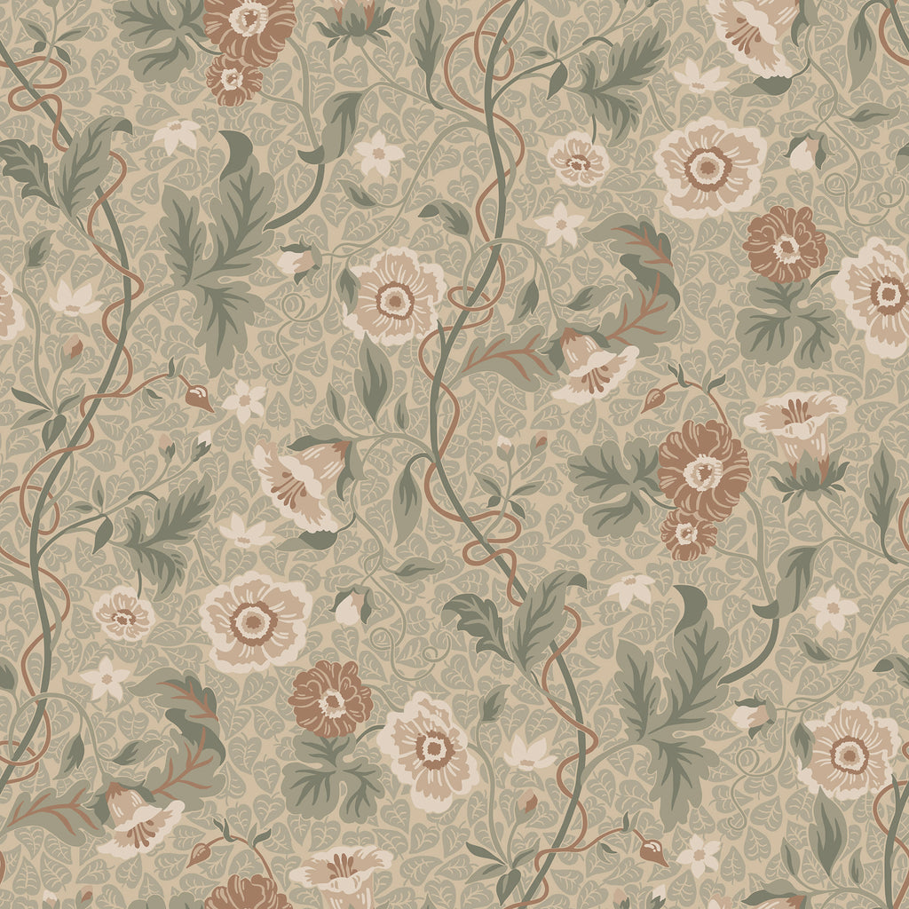 Ulla wallpaper by Sandberg, trailing poppy and vine floral in soft sage green with terracotta and cream blooms
