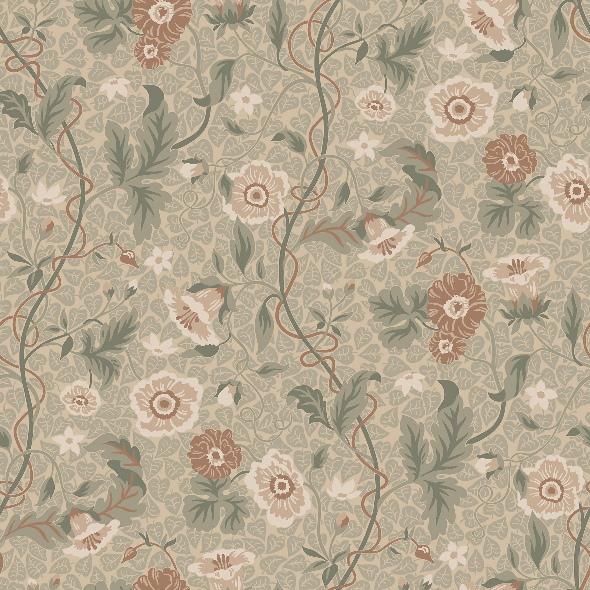 Ulla wallpaper by Sandberg, trailing poppy and vine floral in soft sage green with terracotta and cream blooms
