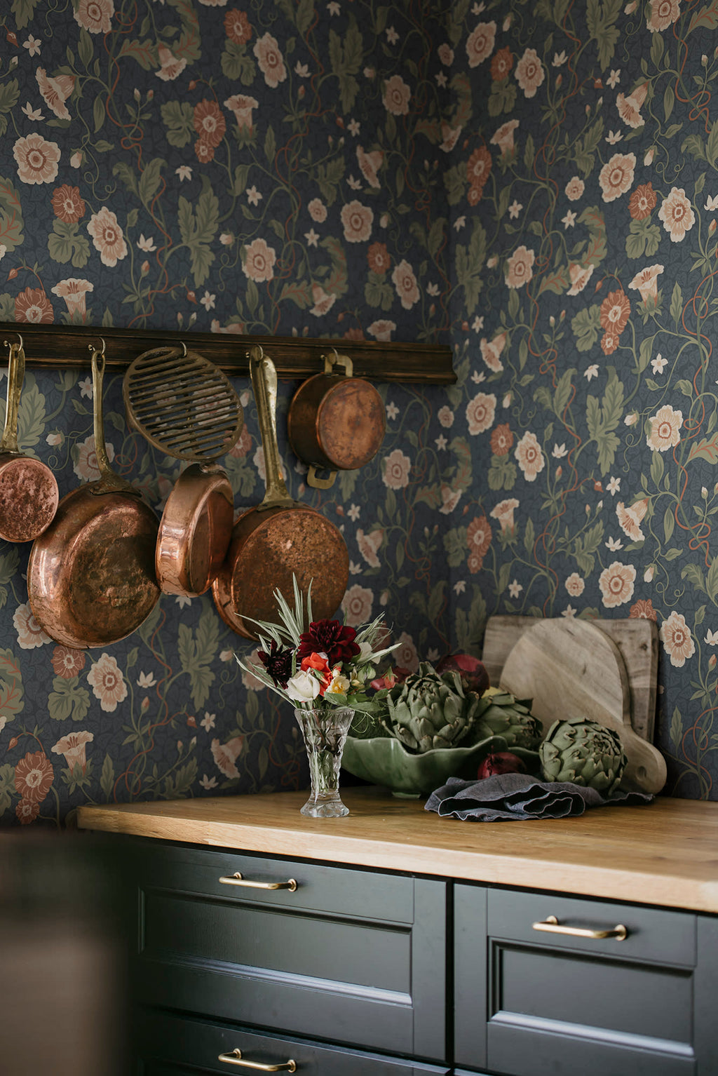 Ulla wallpaper by Sandberg in Midnight Blue, styled on an interior wall