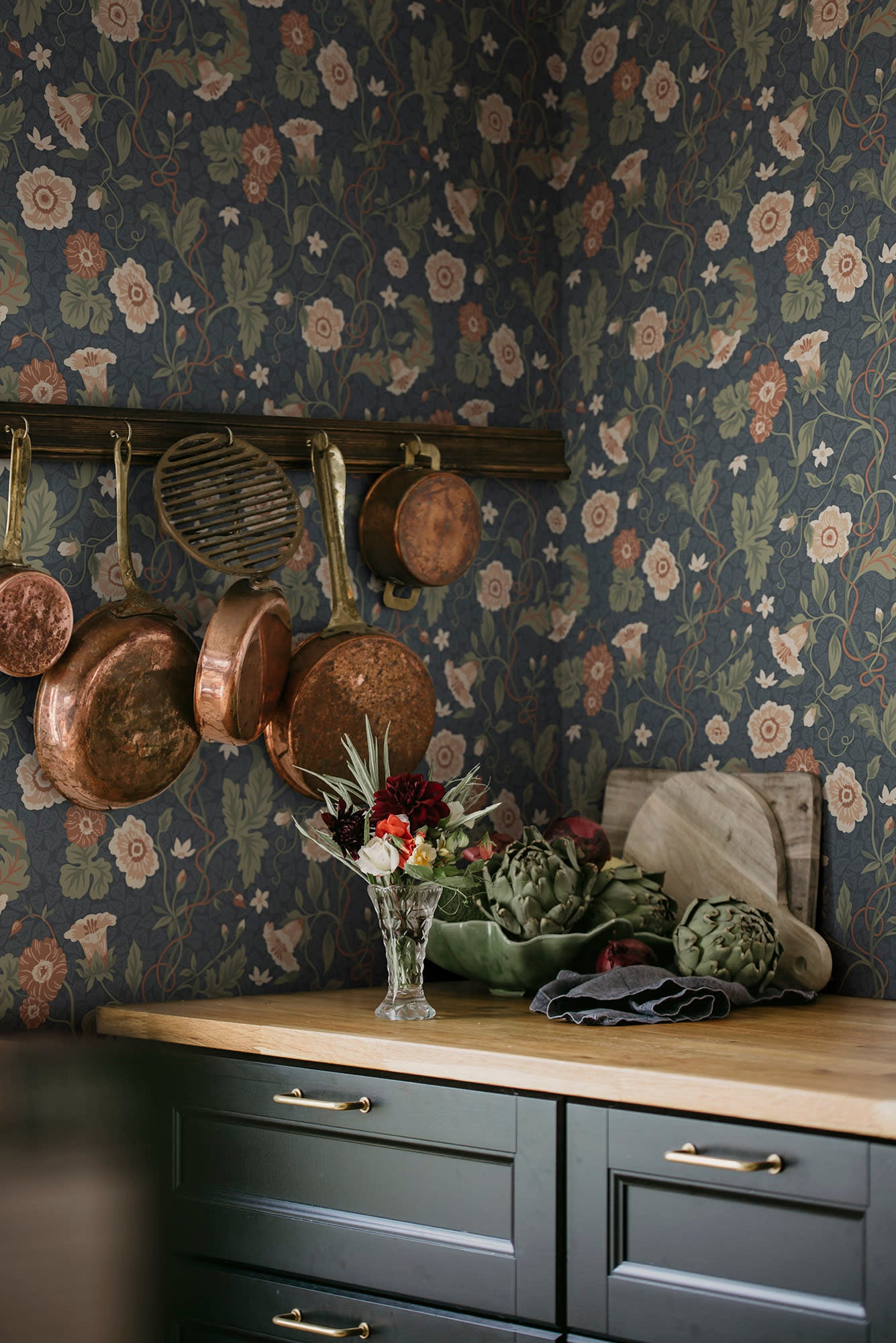 Ulla wallpaper by Sandberg in Midnight Blue, styled on an interior wall