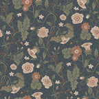 Ulla wallpaper by Sandberg, climbing poppy floral on a deep navy ground with green leaves and rust blooms