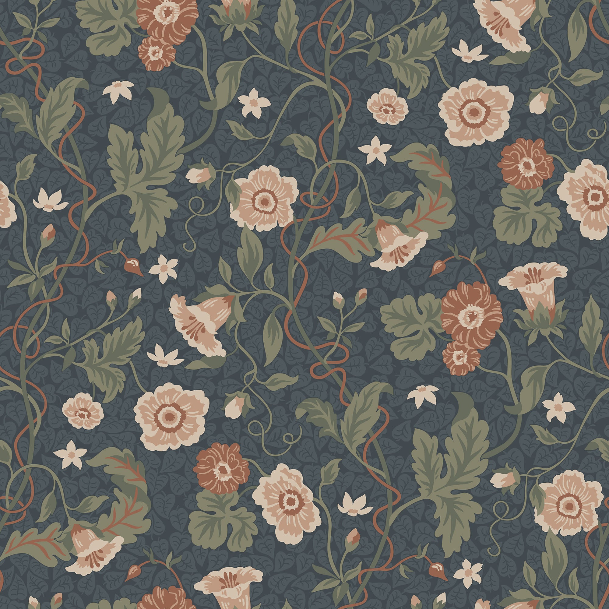 Ulla wallpaper by Sandberg, climbing poppy floral on a deep navy ground with green leaves and rust blooms