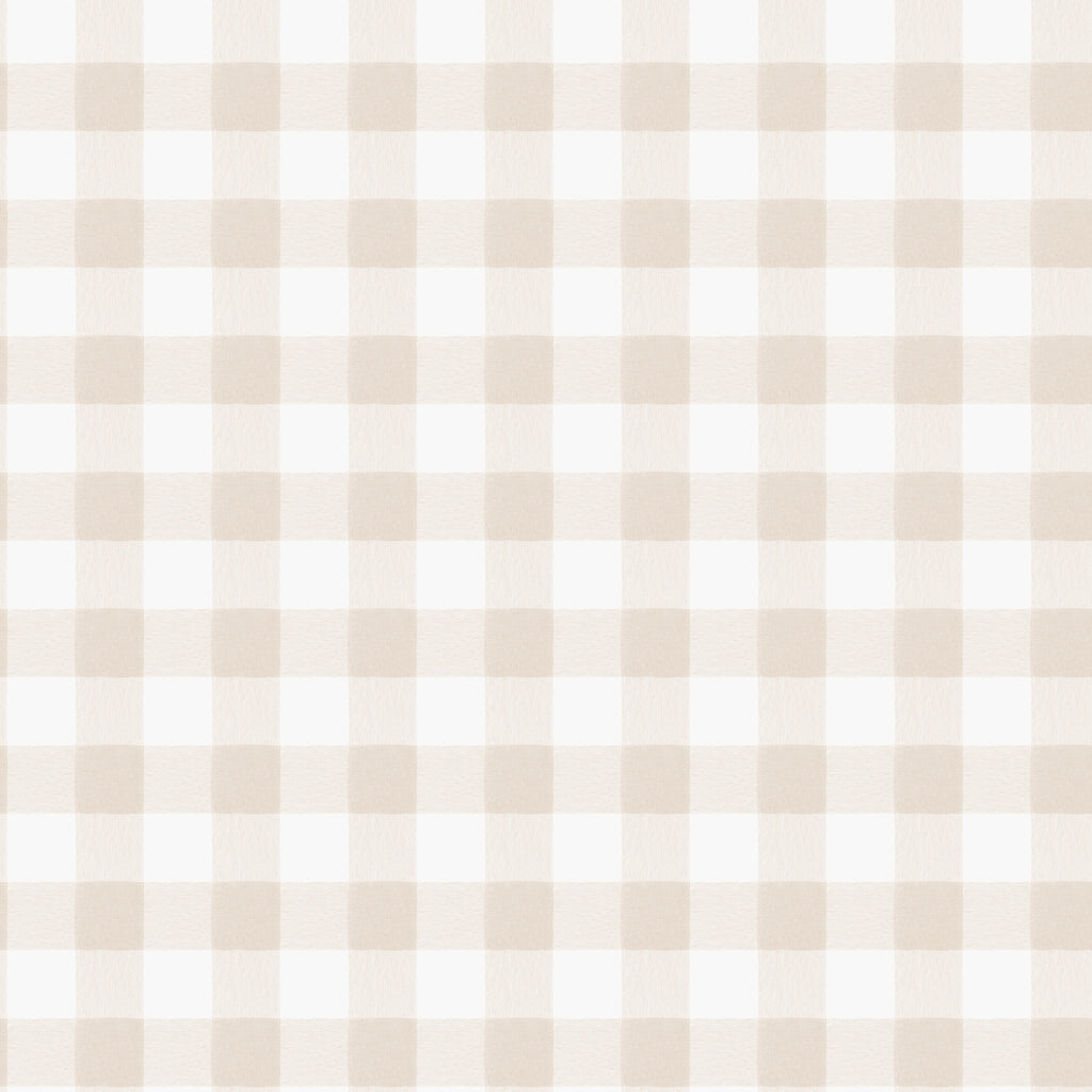 Harry wallpaper by Sandberg, flat swatch of soft watercolour gingham check in warm sand beige on white