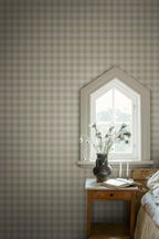 Harry wallpaper by Sandberg in Spring Green, styled on an interior wall