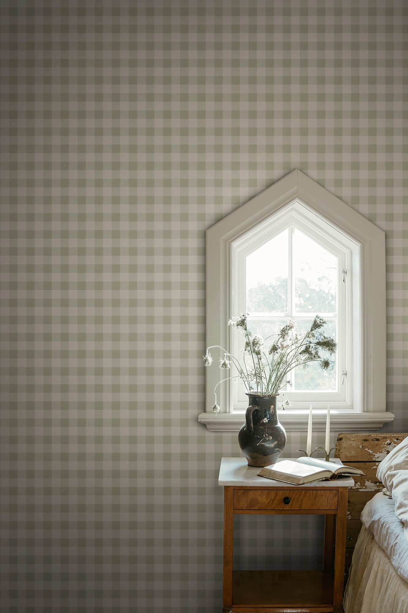 Harry wallpaper by Sandberg in Spring Green, styled on an interior wall