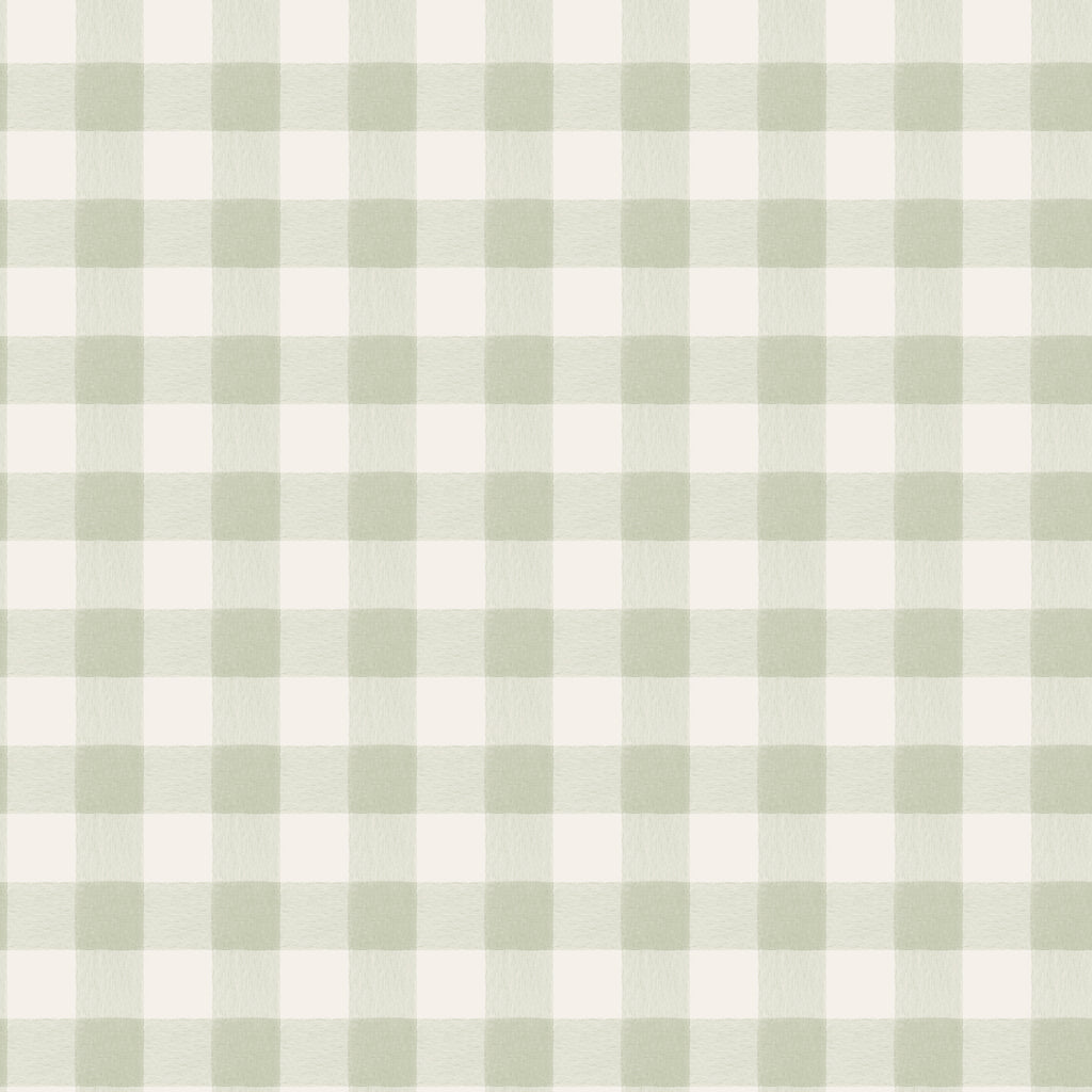 Harry wallpaper by Sandberg, flat swatch of soft watercolour gingham check in muted sage green on cream
