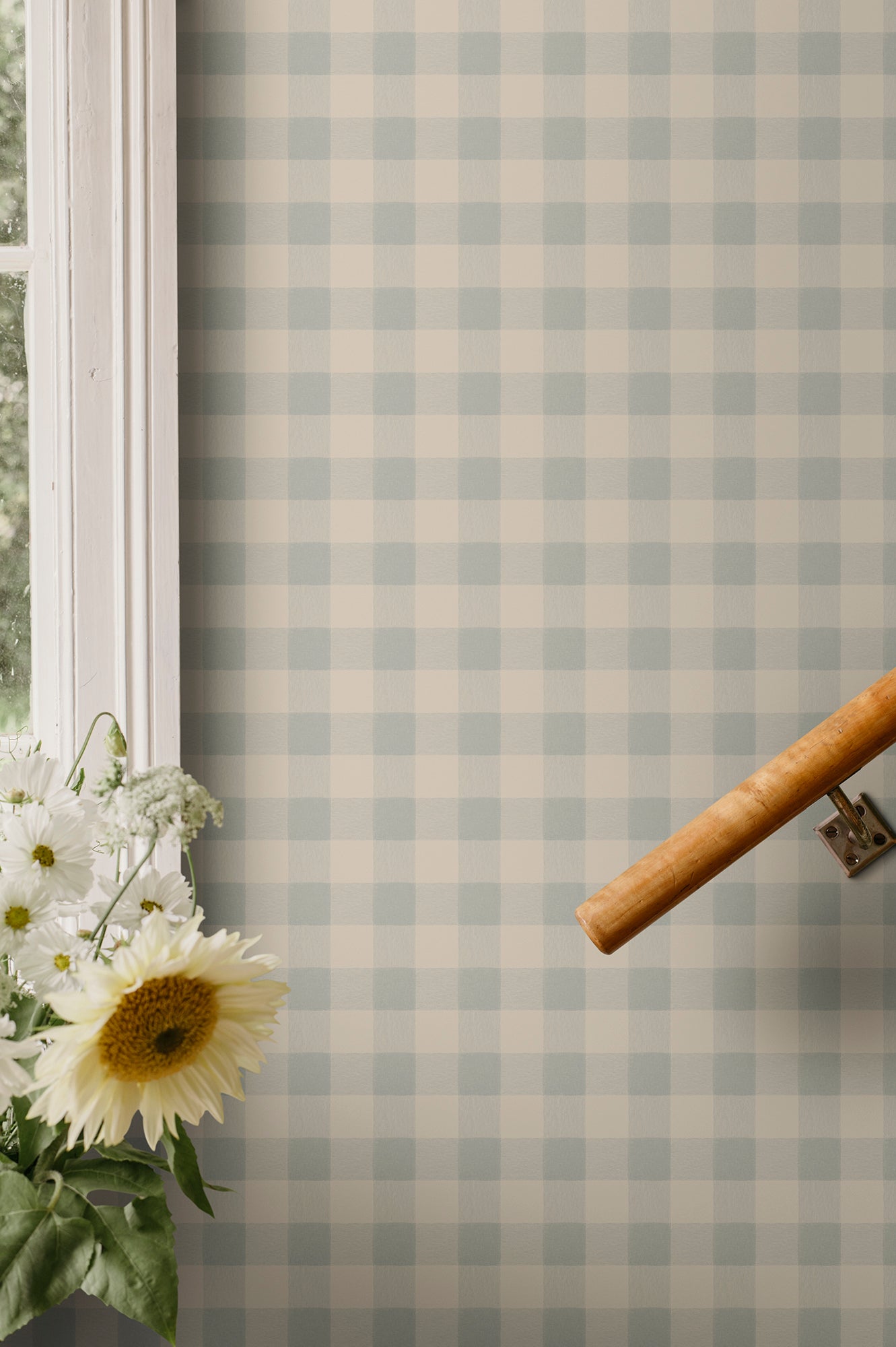 Harry wallpaper by Sandberg in Misty Blue, styled on an interior wall