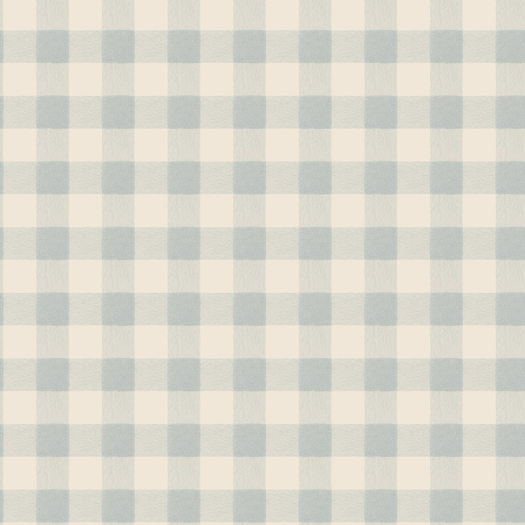 Harry wallpaper by Sandberg, flat swatch of soft watercolour gingham check in pale dusty blue on cream