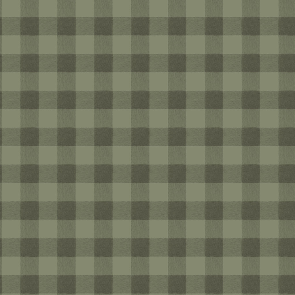 Harry wallpaper by Sandberg, flat swatch of soft watercolour gingham check in deep olive green
