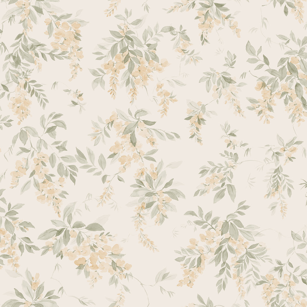 Lovisa wallpaper by Sandberg, flat swatch of soft yellow wisteria and sage foliage on cream