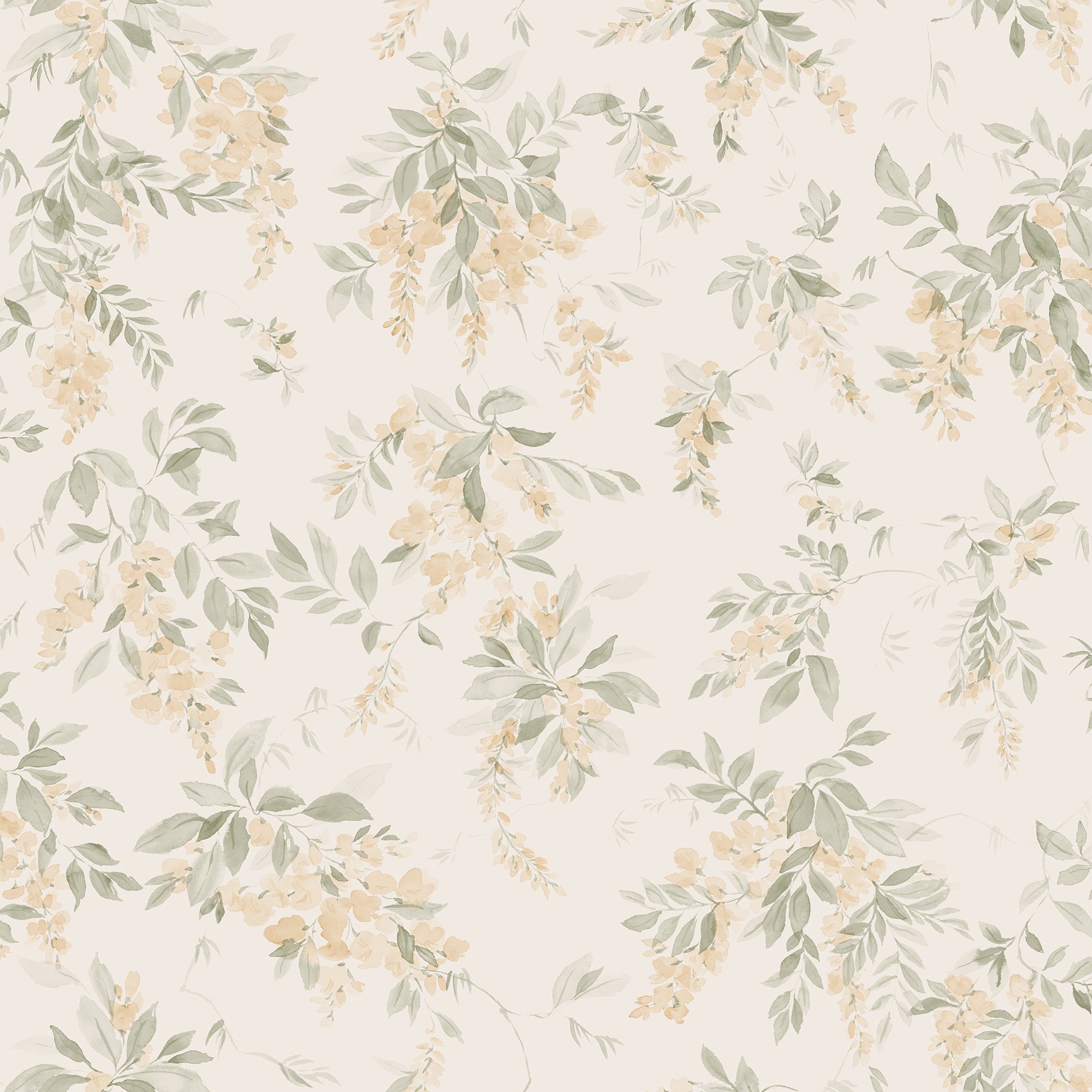 Lovisa wallpaper by Sandberg, flat swatch of soft yellow wisteria and sage foliage on cream