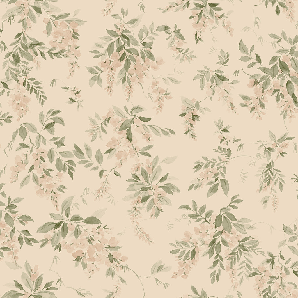 Lovisa wallpaper by Sandberg, flat swatch of trailing blush wisteria and green leaves on cream