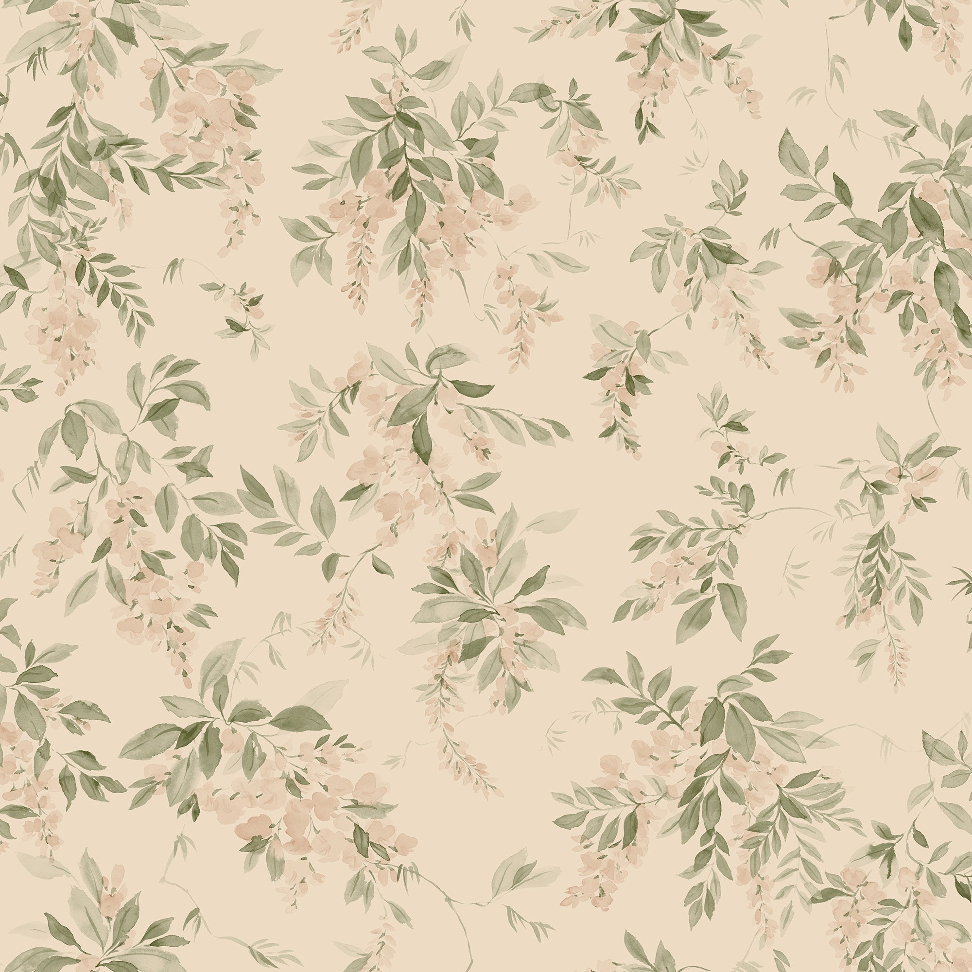 Lovisa wallpaper by Sandberg, flat swatch of trailing blush wisteria and green leaves on cream