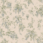 Lovisa wallpaper by Sandberg, flat swatch of cascading blue wisteria and green foliage on cream
