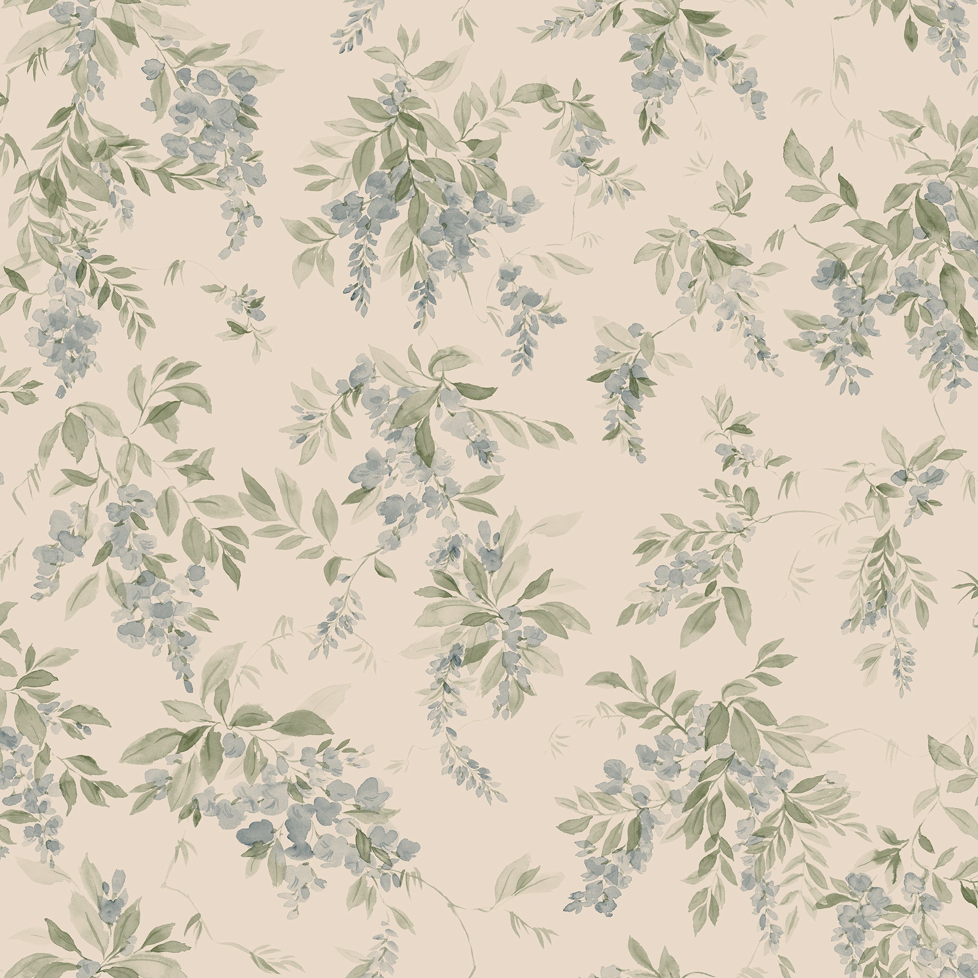 Lovisa wallpaper by Sandberg, flat swatch of cascading blue wisteria and green foliage on cream