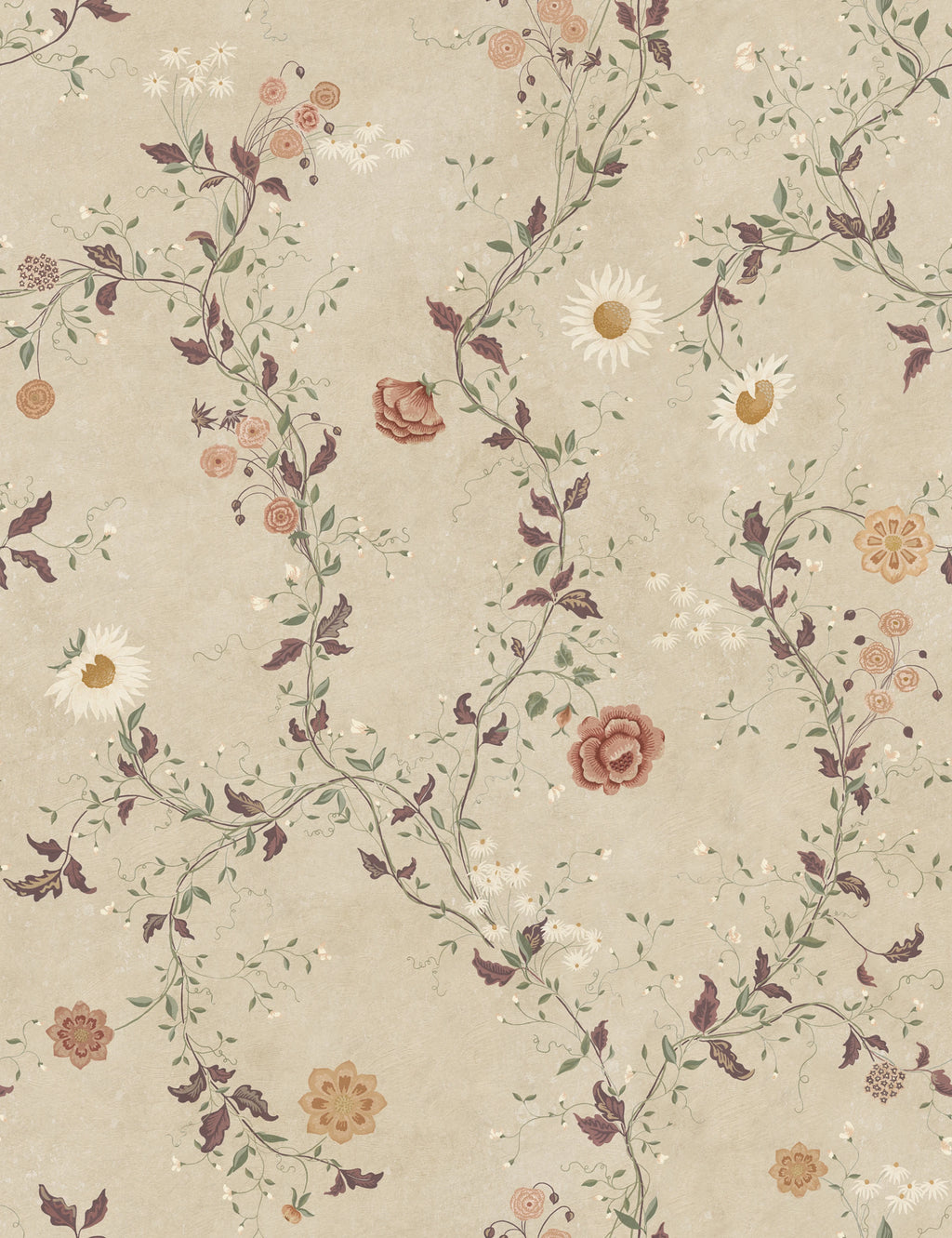 Inger wallpaper by Sandberg – floral design, Beige – Sandstone – flat swatch showing the repeat, view 5