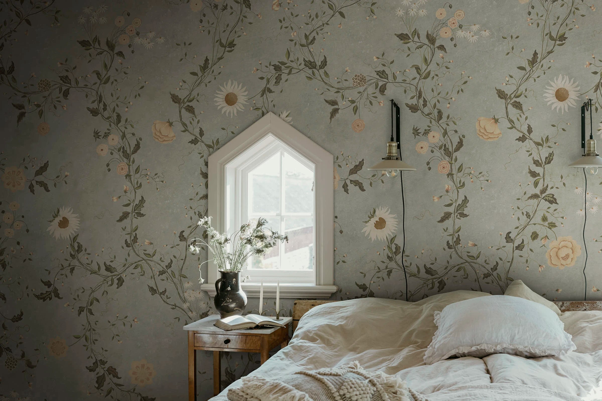 Inger wallpaper by Sandberg – floral design, Light Blue – styled in a room setting, view 3