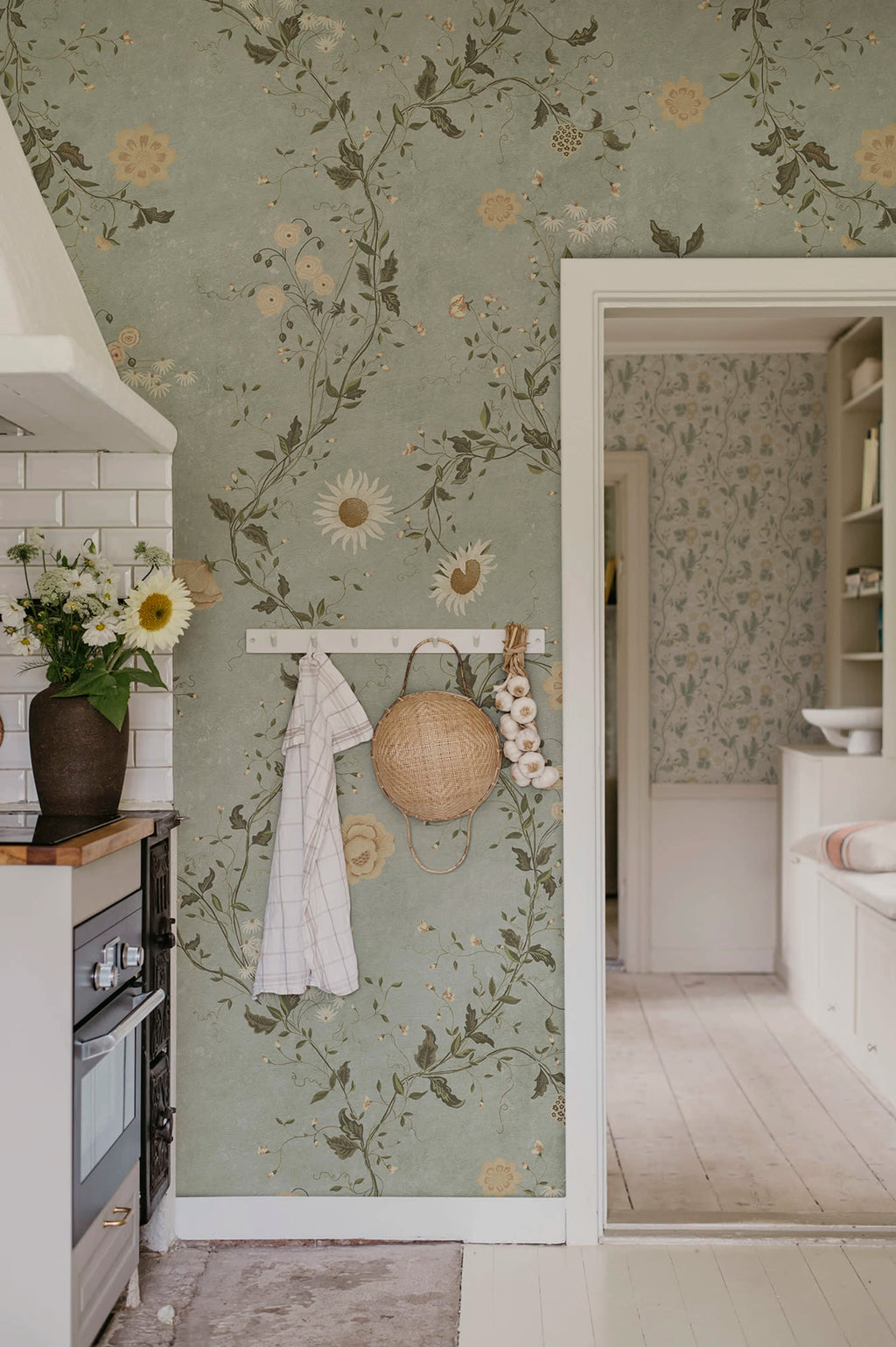 Inger wallpaper by Sandberg – floral design, Light Blue – styled in a room setting, view 4