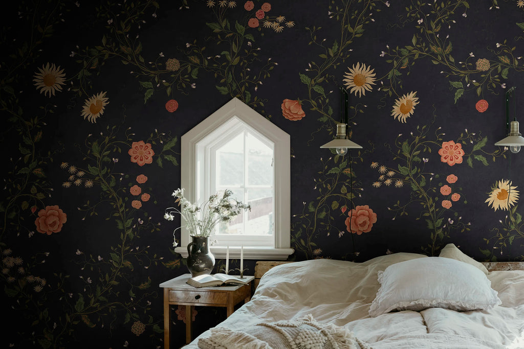 Inger wallpaper by Sandberg – floral design, Blue – Midnight Blue – styled in a room setting, view 6