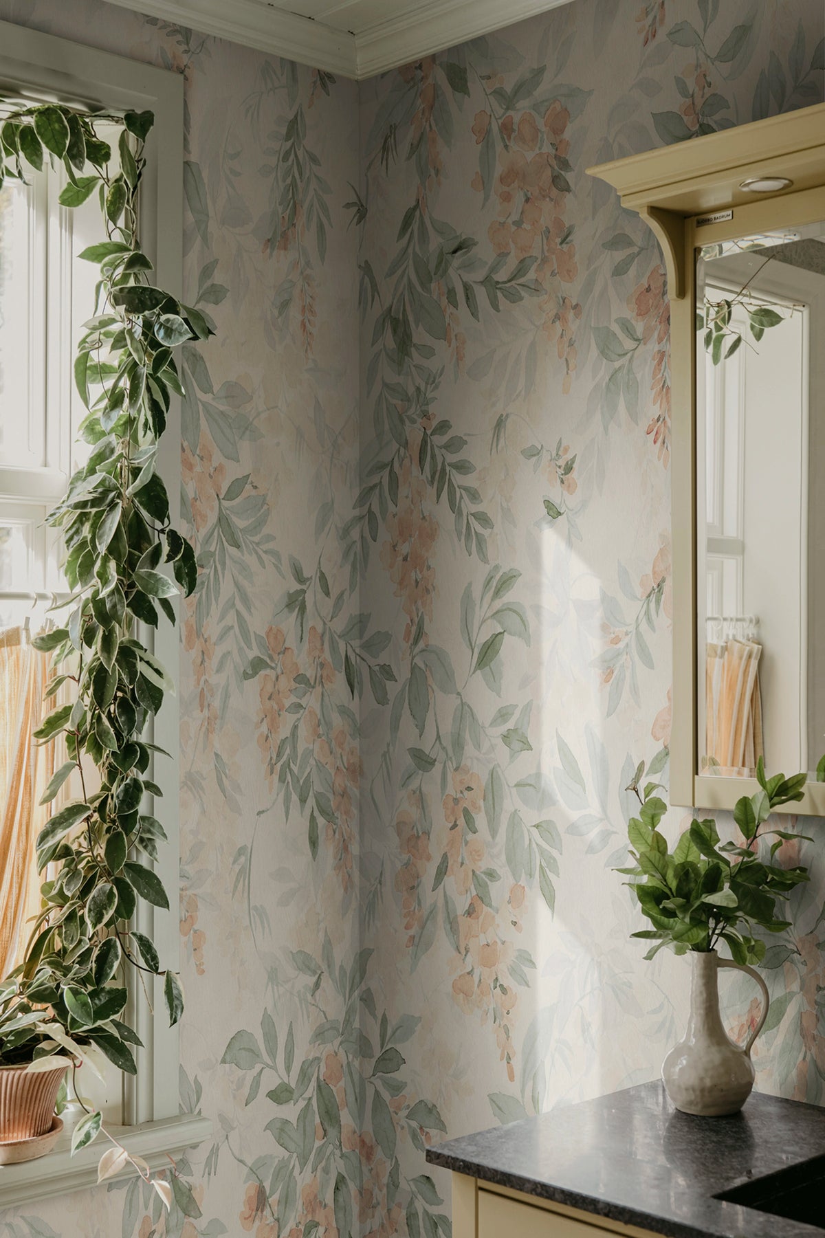 Lovisa Mural wall mural by Sandberg – floral design, Orange – styled in a room setting, view 4