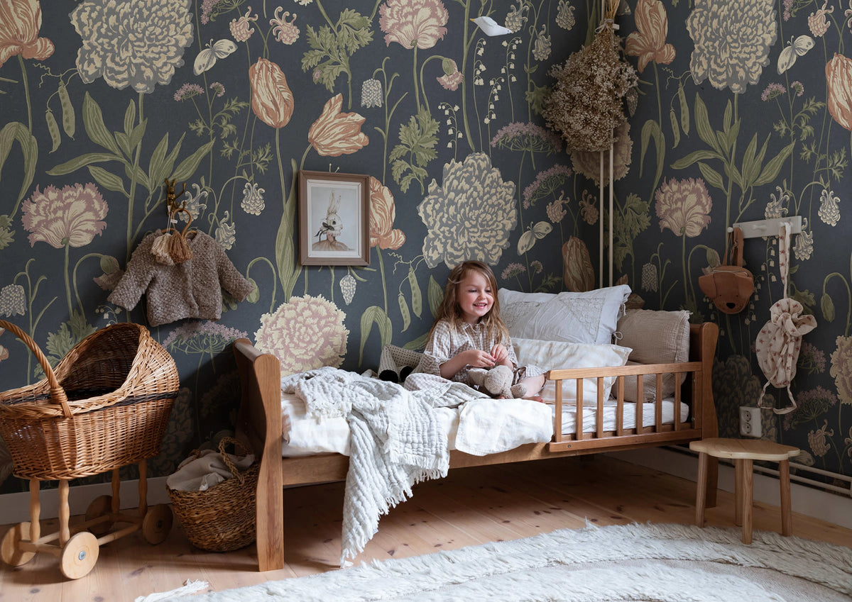Aurelie Mural wall mural by Sandberg – floral design, Blue – Dark Blue – styled in a room setting