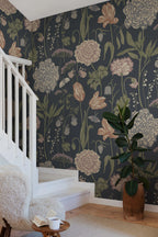 Aurelie Mural wall mural by Sandberg – floral design, Blue – Dark Blue – styled in a room setting, view 3