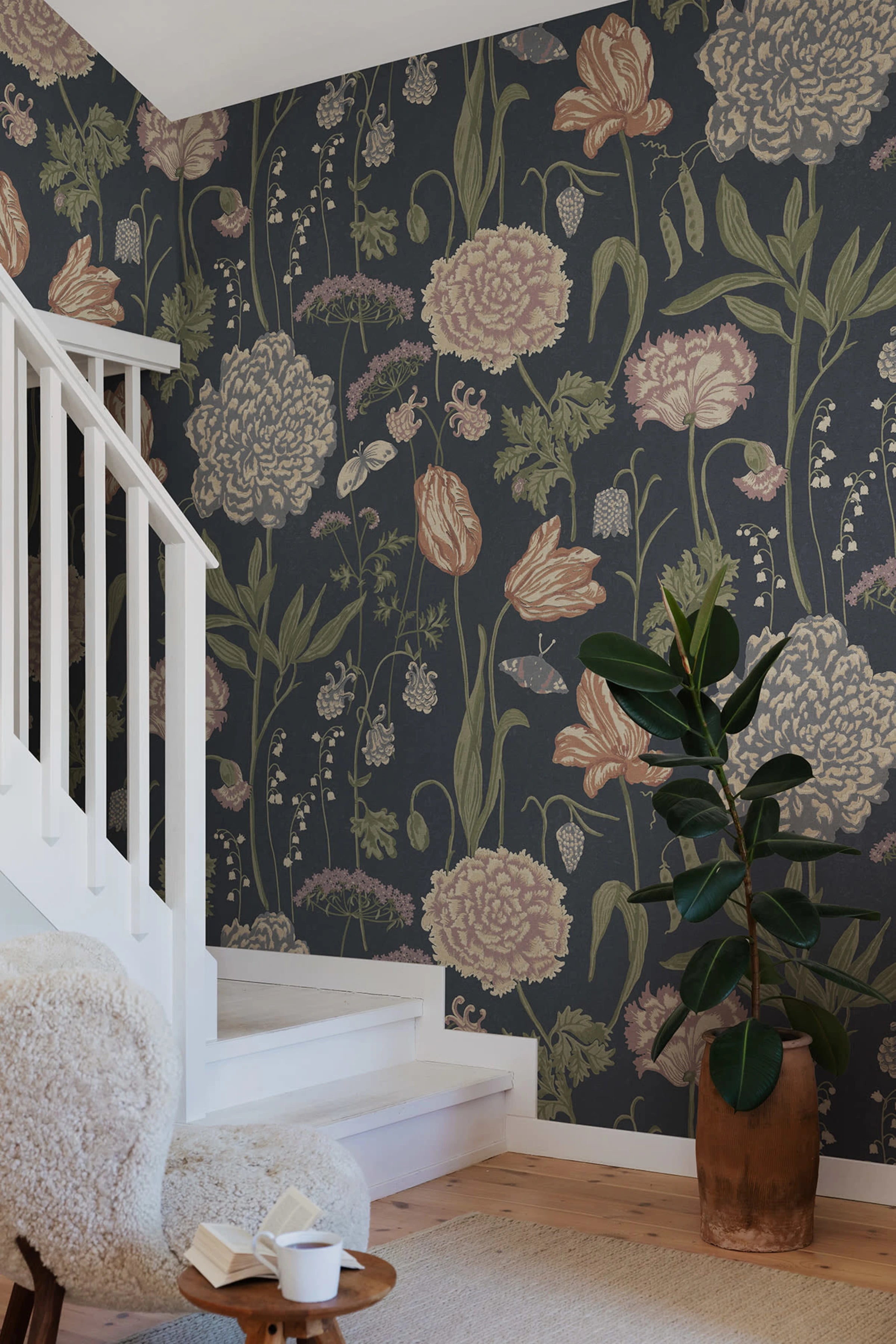 Aurelie Mural wall mural by Sandberg – floral design, Blue – Dark Blue – styled in a room setting, view 3