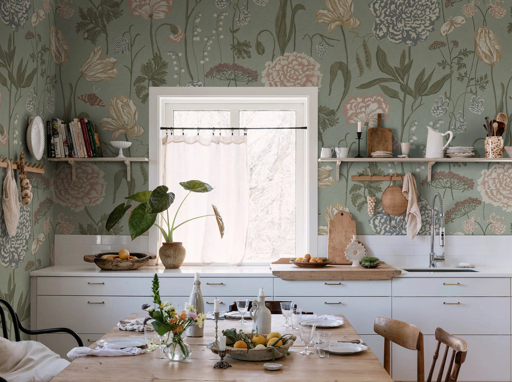 Aurelie Mural wall mural by Sandberg – floral design, Light Blue – styled in a room setting, view 5