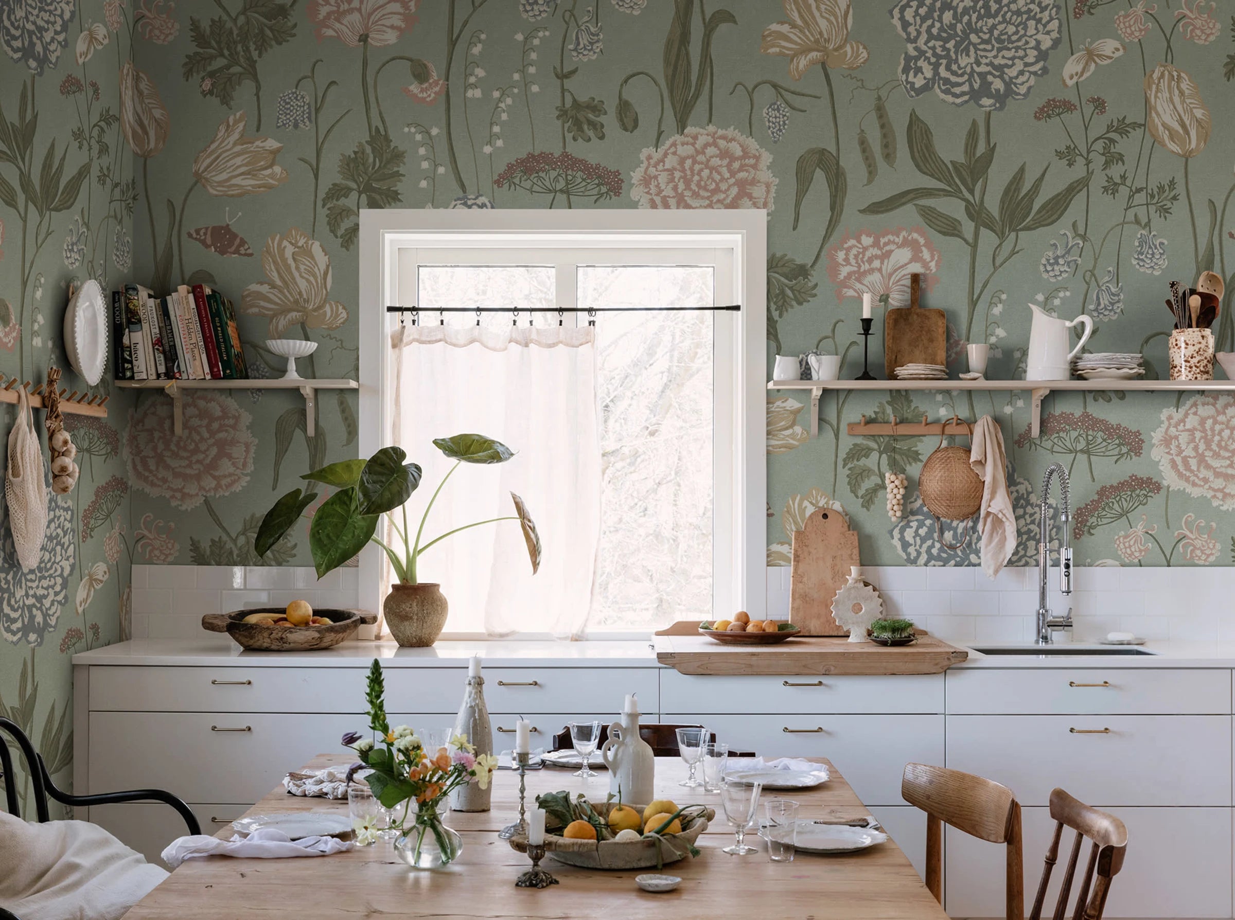Aurelie Mural wall mural by Sandberg – floral design, Light Blue – styled in a room setting, view 5