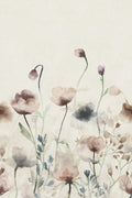 Morängen Floral wall mural by Sandberg shown flat, watercolour poppies in dusty pink and blue on a cream ground