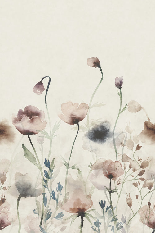 Morängen Floral wall mural by Sandberg shown flat, watercolour poppies in dusty pink and blue on a cream ground