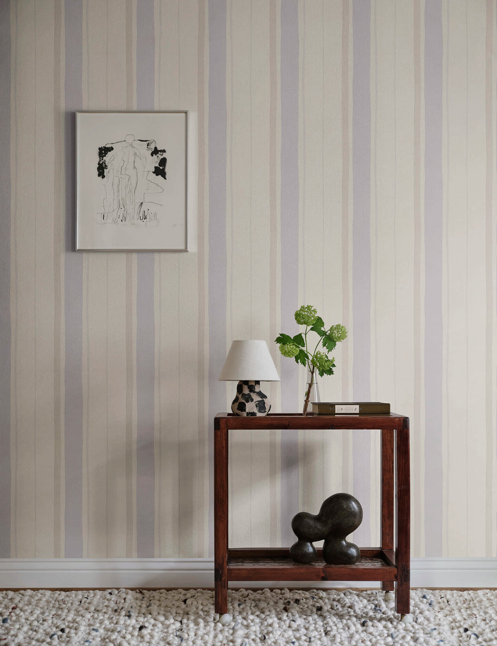 Billie wallpaper by Sandberg – stripe design, Purple – Lilac – styled in a room setting, view 4
