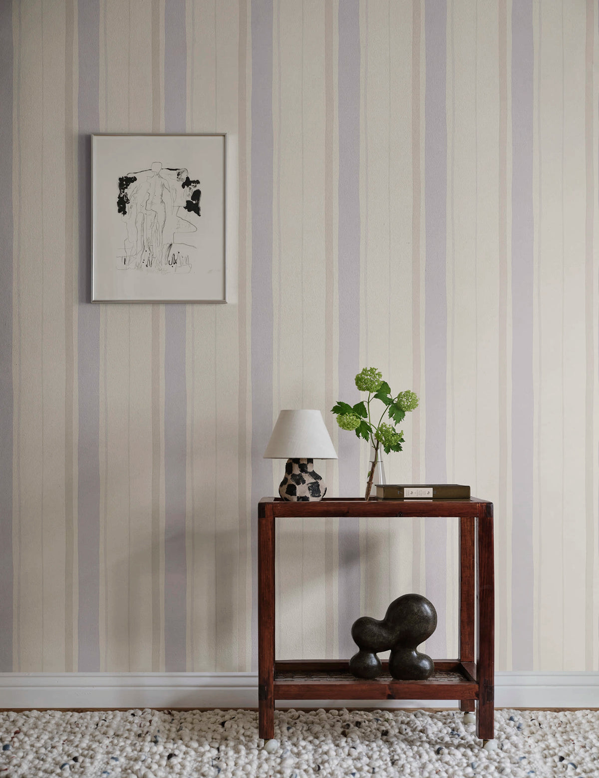 Billie wallpaper by Sandberg – stripe design, Purple – Lilac – styled in a room setting, view 4