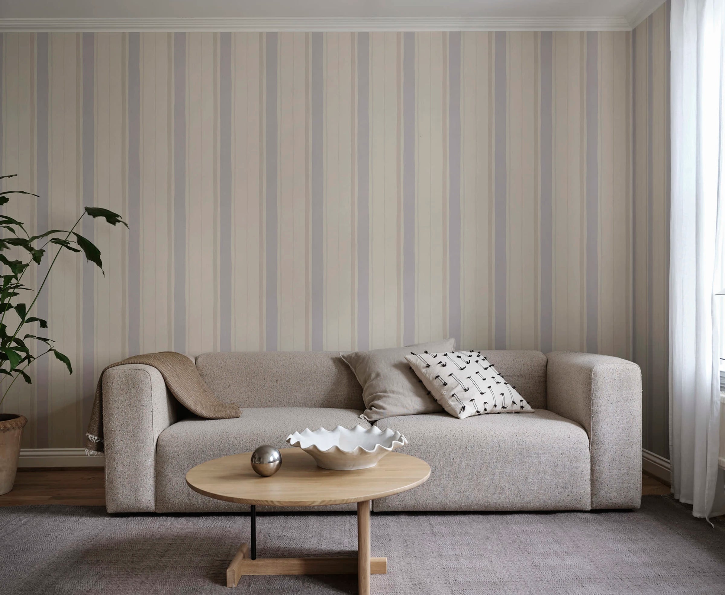 Billie wallpaper by Sandberg – stripe design, Purple – Lilac – styled in a room setting, view 5