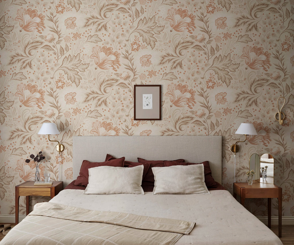 Ava Mural wall mural by Sandberg – floral design, Brown – Hazel – styled in a room setting