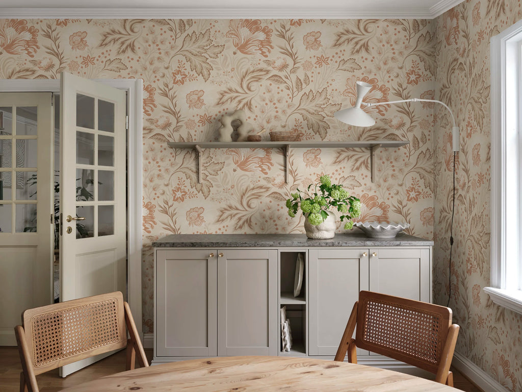 Ava Mural wall mural by Sandberg – floral design, Brown – Hazel – styled in a room setting, view 2