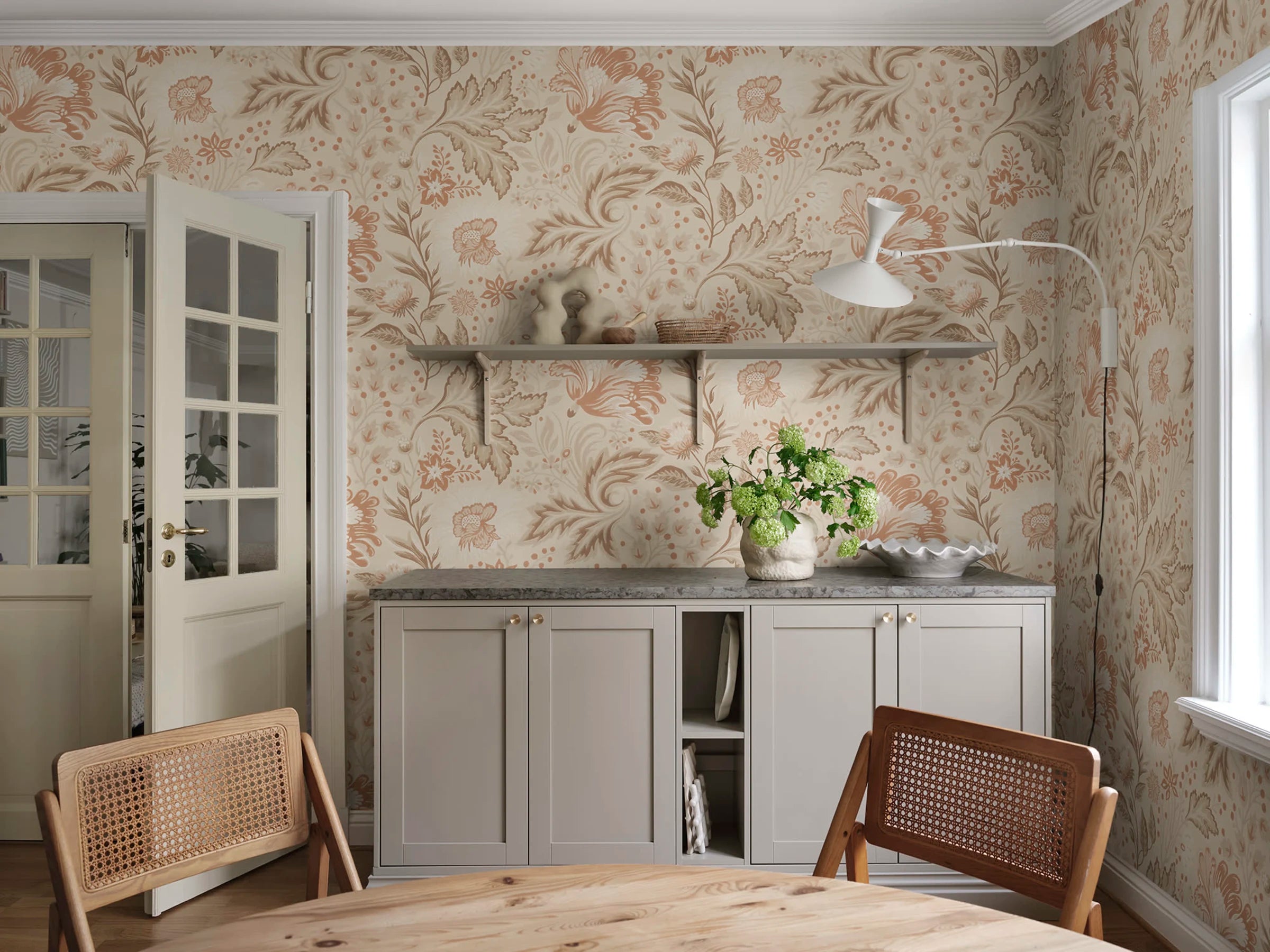 Ava Mural wall mural by Sandberg – floral design, Brown – Hazel – styled in a room setting, view 2