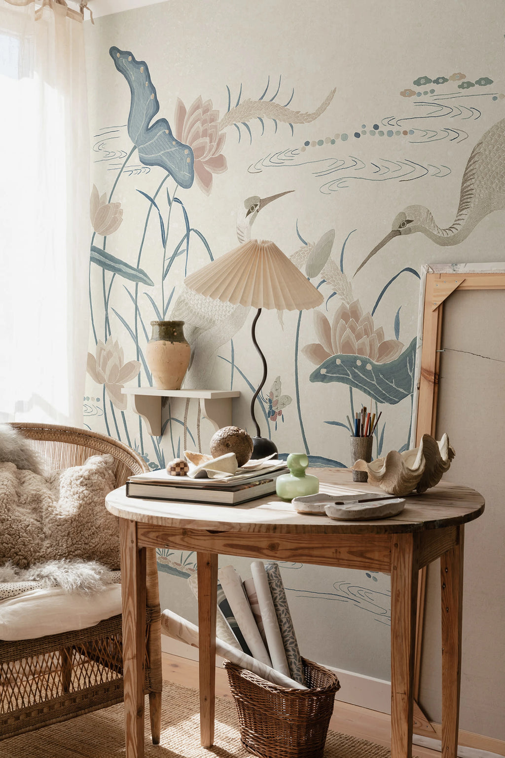Seabirds wallpaper by Sandberg – chinoiserie design, Blue – Misty Blue